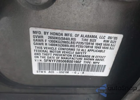 2006 Honda Pilot Ex-L from USA, damaged, VIN 5FNYF28506B001902
